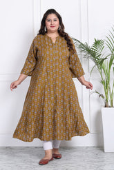 Plus Size Mustard Floral Print Flared Long Kurta-400012